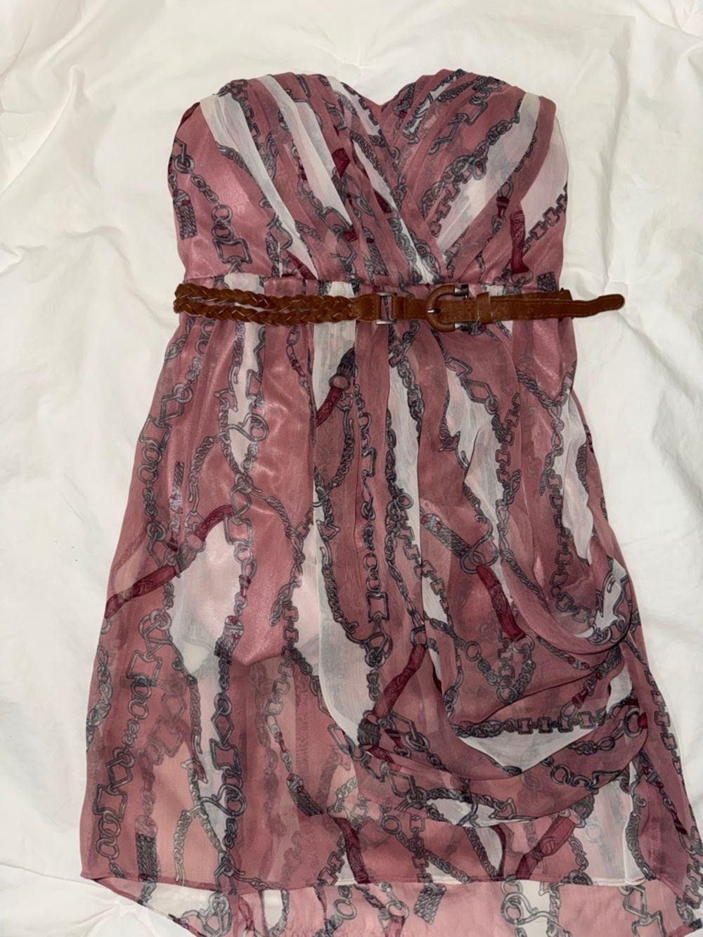 Strapless Pink Chain-Print Summer Dress with Braided Belt